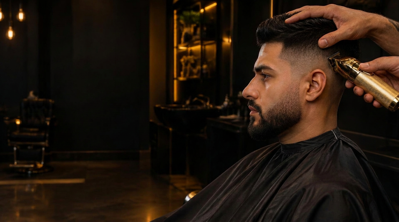 Acabamento de um corte degradê na barbearia